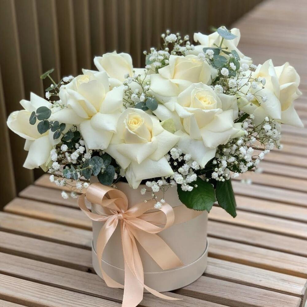 Розы 9 шт в тубусе с гипсофилой и эвкалиптом