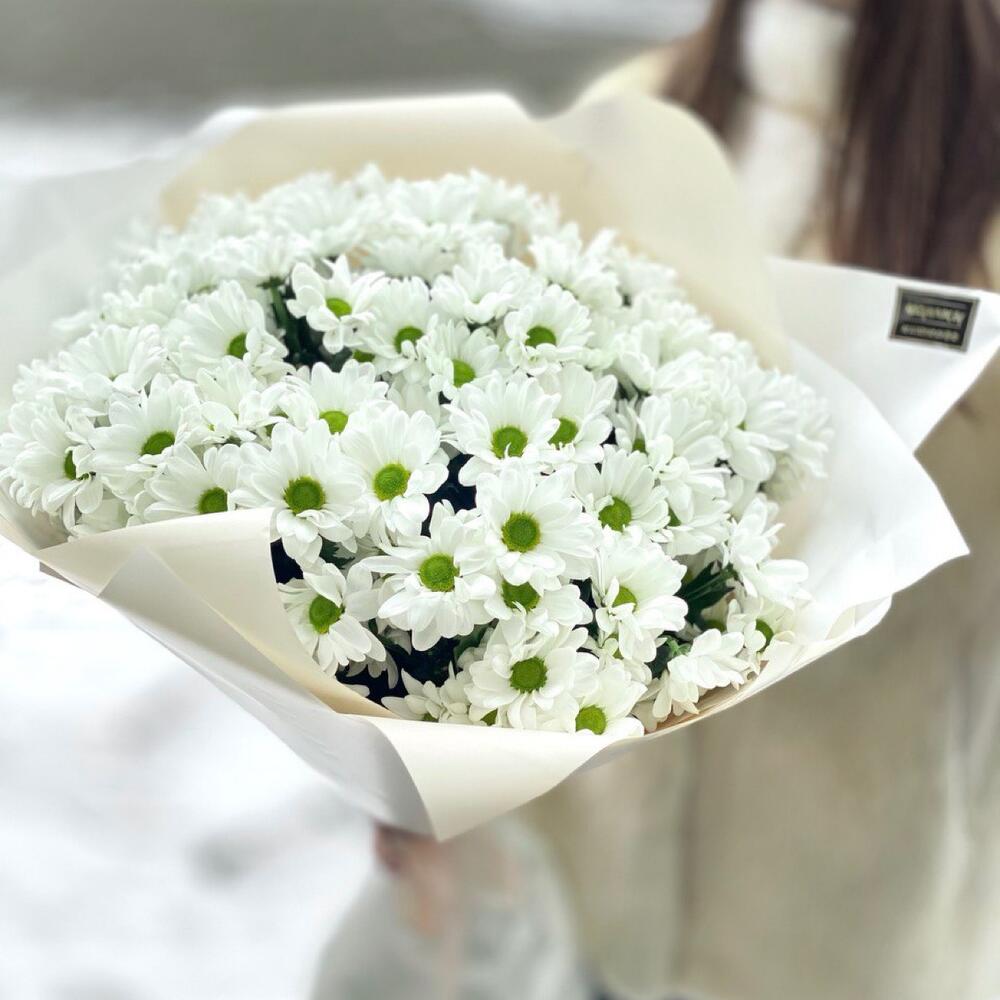 ≈ 101 белая ромашка - 11 веток хризантем с оформлением